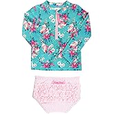 RuffleButts® Baby/Toddler Girls Long Sleeve Rash Guard 2 Piece Swimsuit Set w/UPF 50+ Sun Protection with Zipper