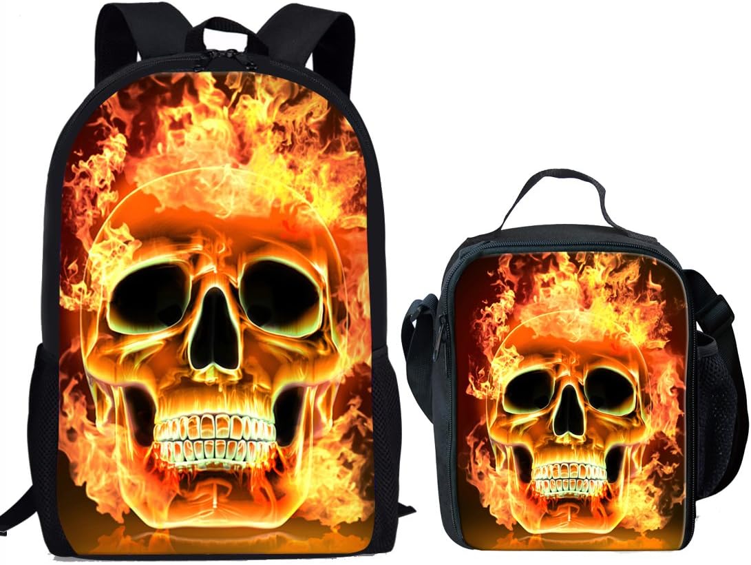 Showudesigns School Backpack Bookbag Travel Daypack + Small Lunch Box for Kids Boys Fire Skull