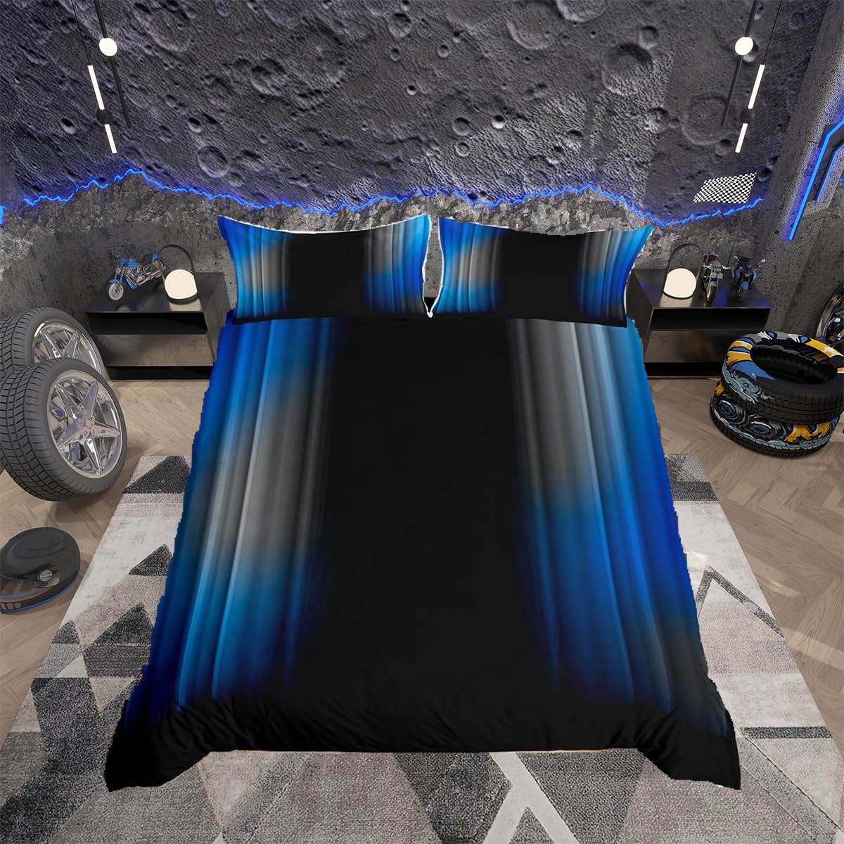 Loussiesd Geometric Abstract Ombre Duvet Cover Set Kids Teens Blue Brown And Black Striped Bedding Set Decor Modern Fashion Comforter Cover Set with 2 Pillowcases 3Pcs Bedding Double — image 1