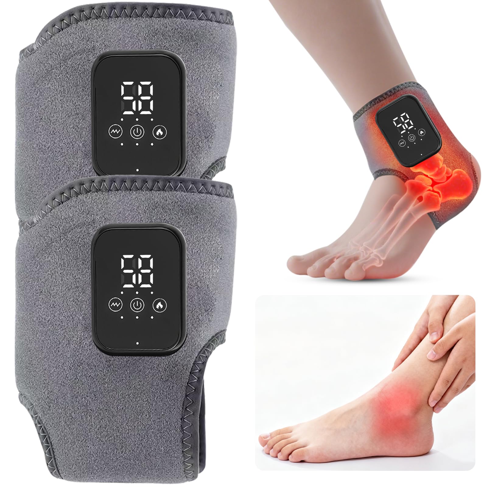 Photo 1 of Foot Renew Ankle Massager with Vibration and Heat - Cordless Rechargeable Ankle Heating Pad for Pain Relief, Plantar Fasciitis & Achilles Tendonitis, Adjustable Wrap for Circulation Boost (GRAY-2pcs)