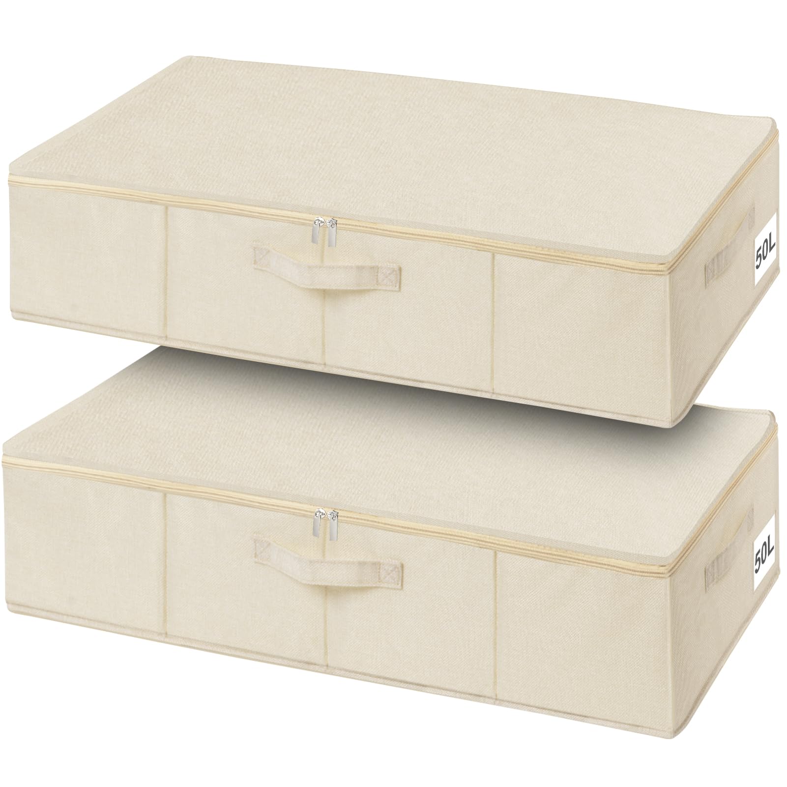 Huquter 2 Pack 50L 17 cm Tall Under Bed Storage Boxes with Zipped Lid, Large Foldable Fabric Organisers with Sturdy Sides and Base and 3 Handles for Wedding Dresses, Clothes, Duvets and Bedding, Beige