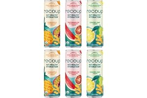 Recoup Organic Sparkling Prebiotic Drink - Variety + Ginger with Electrolytes for Gut Health Support & Hydration, No Added Sugar ((Pack of 6), Variety)
