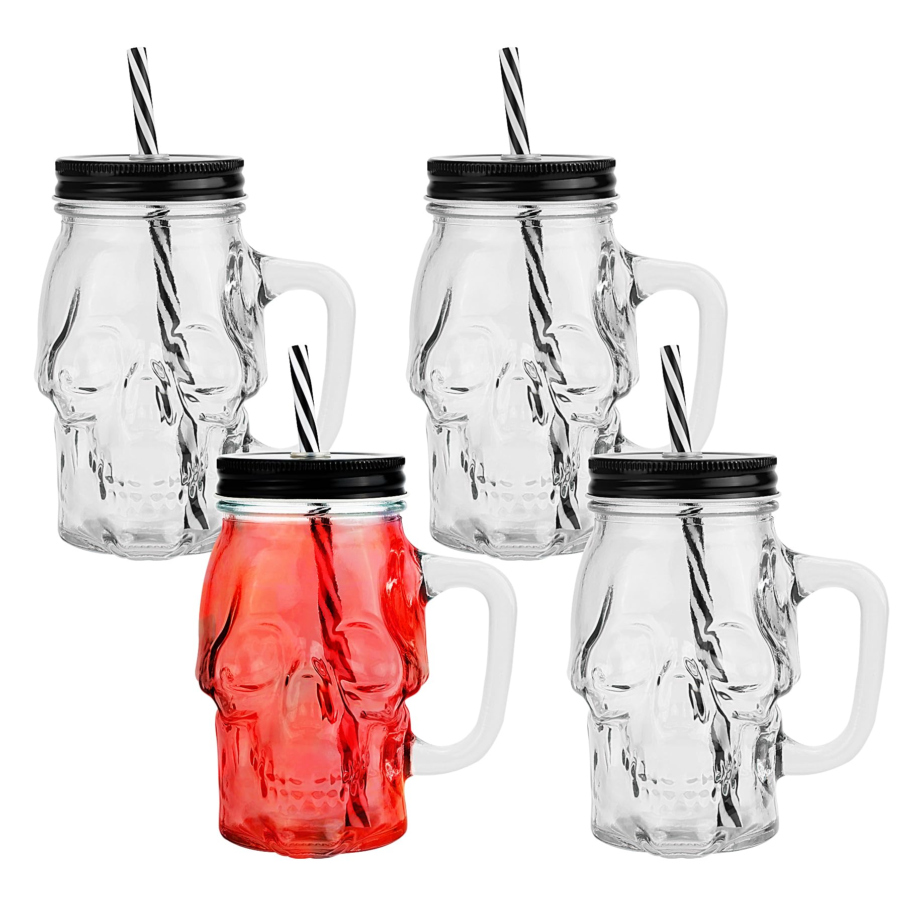 binsakao Halloween Cups Set of 4 - Skull Glass Drinking Jar with Lids and Straws - Halloween Decor, Drinking Glasses 16 oz