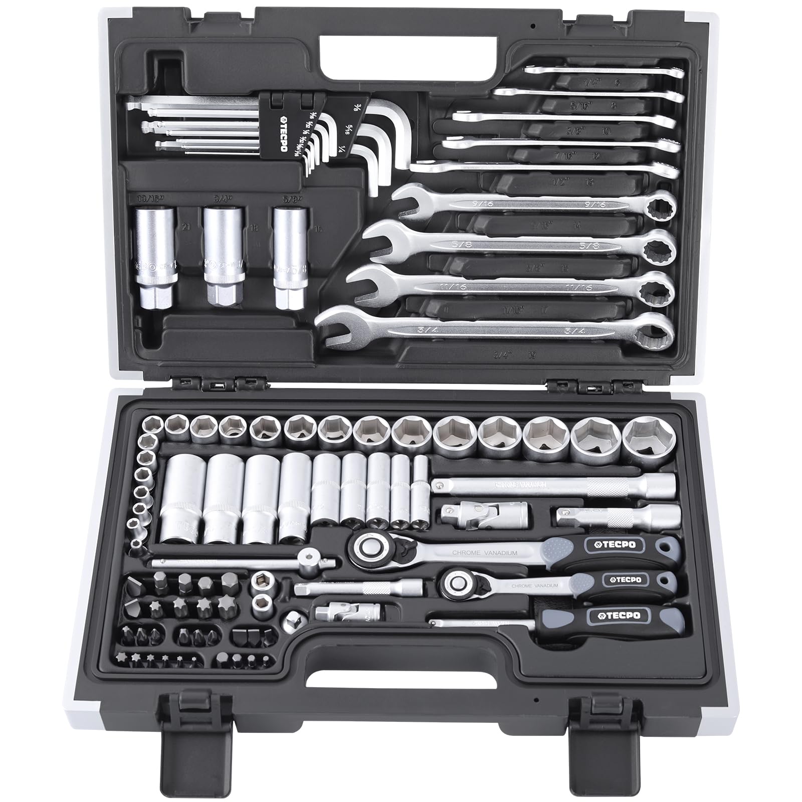 TECPO Zoll Steckschlüssel Satz 92-teilig Werkzeugkoffer mit Ringschlüssel und Maulschlüssel, Ratsche mit Nuss-Set Verlängerung Adapter, Innensechskant-Schlüssel, Ratschenkasten, Zöllig, Knarrenkasten