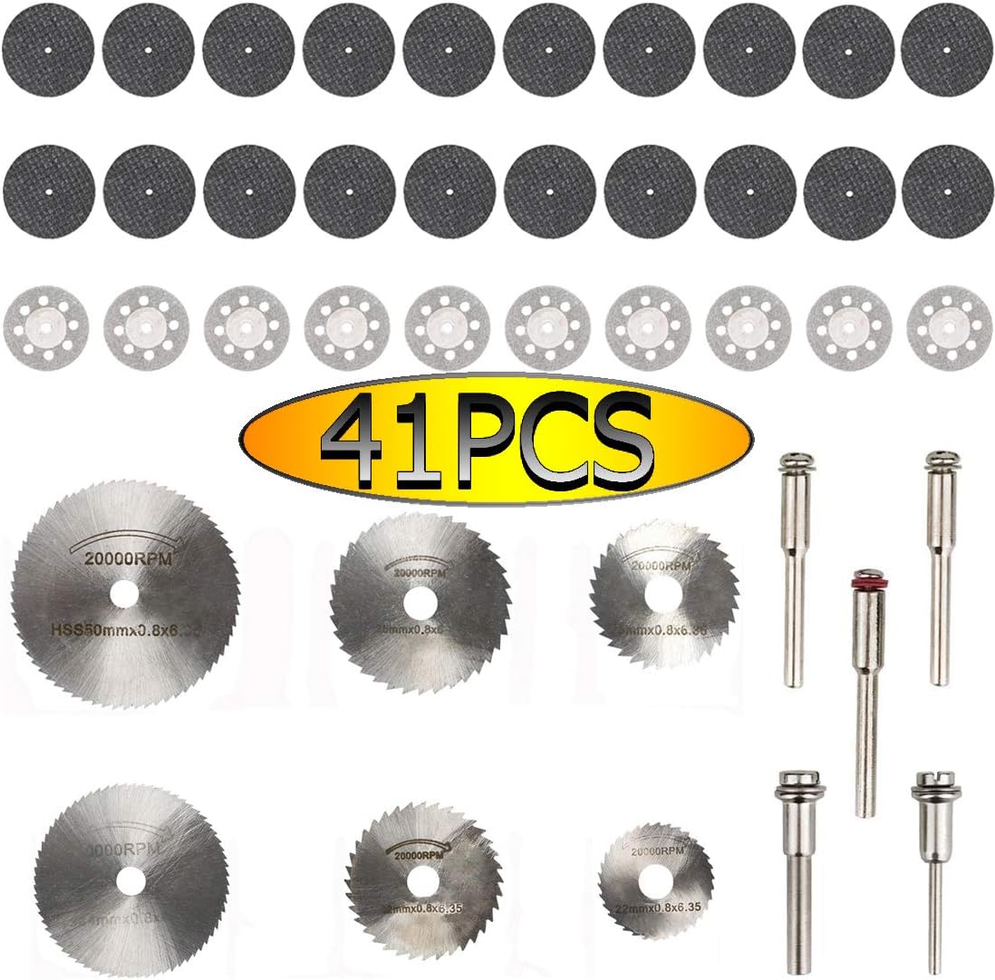 Cutting Wheel Set, QISF 41Pcs 1/8" Shank HSS Mini Circular Saw Blades,Diamond Cutting Wheels,Resin Metal Cutting Wheels Disc Rotary Tool Kit with Mandrels for Wood Glass Plastic Stone Metal