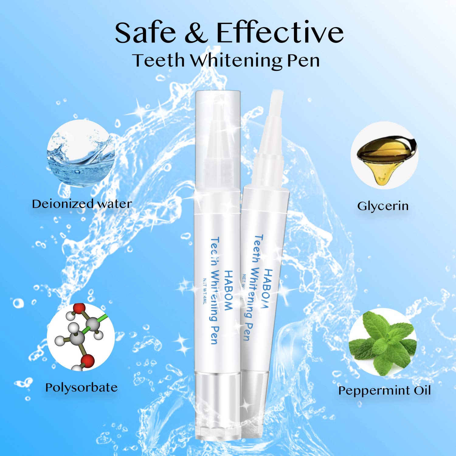 HABOM Teeth Whitening Pen (2 Pcs, 4 Ml/Pc), More Than 20 Uses, Effective, Painless, No Sensitivity, Travel Friendly, Easy to Use, Beautiful White Smile, Effective Tooth Whitener, Natural Mint Flavor : Beauty
