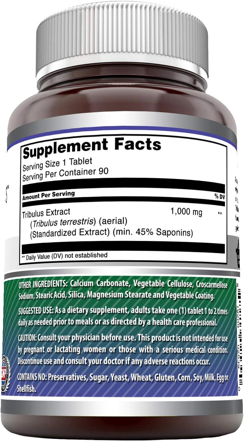 Amazing Formulas Tribulus Terrestris Extract 1000 MG Tablets, 90ct (Non GMO,Gluten Free, Vegan) - Standardized to Contain Min. 45% Steroidal Saponins, Testosterone Booster, for Enhanced Vitality: Health & Personal Care