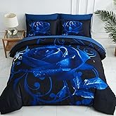 Xruibed Blue Comforter Set Queen 7 Piece Bed in a Bag Blue Rose Comforter with Sheet Set Soft Micorfiber Reversible Bedding Set (1 Comforter,2 Pillow Shams,1 Flat Sheet,1 Fitted Sheet,2 Pillowcases)