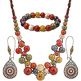 3 Pcs Boho Jewelry Set for Women, Bohemian Vintage Set with Hippie Boho Colorful Ceramic Round Beads Strand Necklace Bracelets and Earring, Western Statement Jewelry for Country Concert Outfit