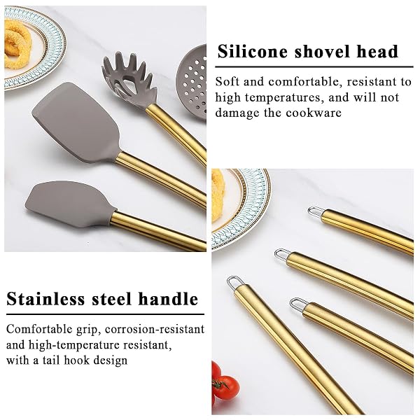 GOLD KITCHEN UTENSILS SET, KYRATON 38 PIECE SILICONE KITCHEN COOKING UTENSILS SET WITH UTENSIL RACK, SPOON SPATULA SET, NON-STICK KITCHEN GADGETS, DISHWASHER SAFE
