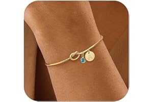 KAERUN Initial Birthstone Gold Bracelets for Women Trendy 14K Gold Plated Letter A-Z Initial Charm Bracelet Tie the Love Knot Adjustable Cuff Bangle Birthstone Bracelets Birthday Bridesmaid Proposal Gifts