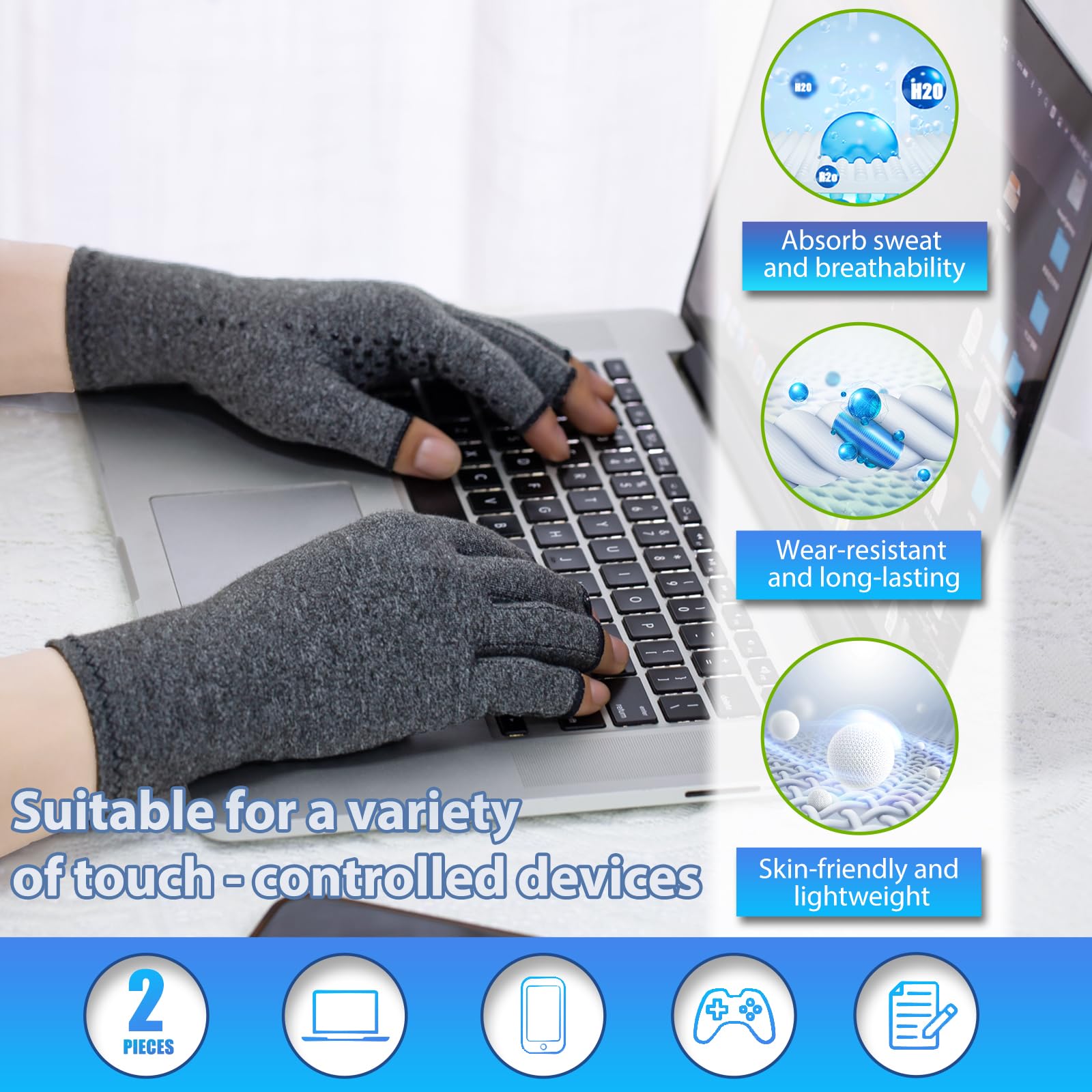 DRNAIETY 2 Pairs Arthritis Compression Gloves- for Hand Arthritis, Carpal Tunnel Pain, Rheumatoid Arthritis, RSI, Fingerless, Anti-Slip, Breathable Gloves for Men & Women, Typing, Daily Use(M, Gray)