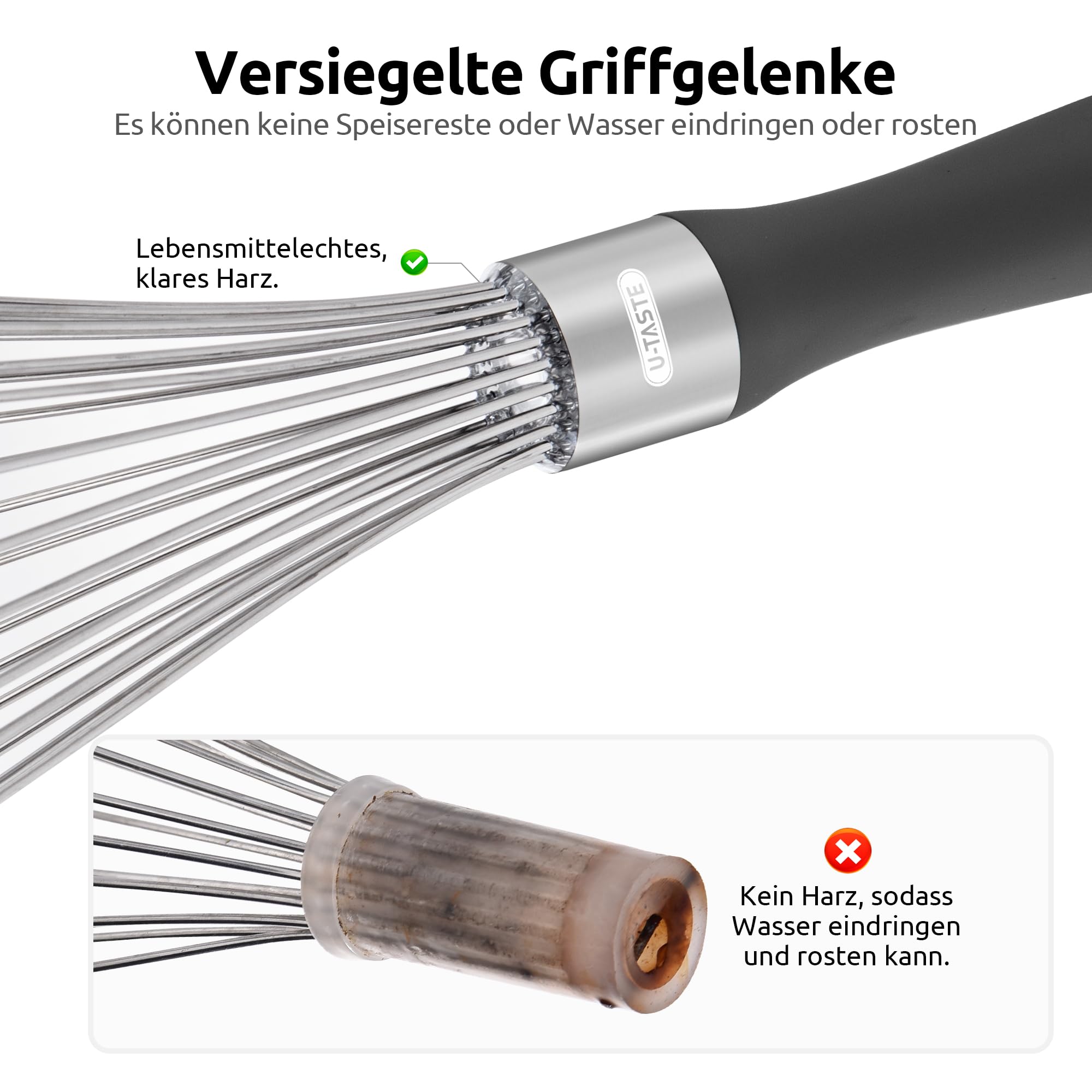 U-Taste Küchen-Schneebesen: 30 cm großer Ballonschneebesen aus Edelstahl 18/10 mit 12 hochflexiblen Drähten und Silikongriff zum Schlagen Vermengen und Verrühren von Teig und Soßen (Schwarz) 3