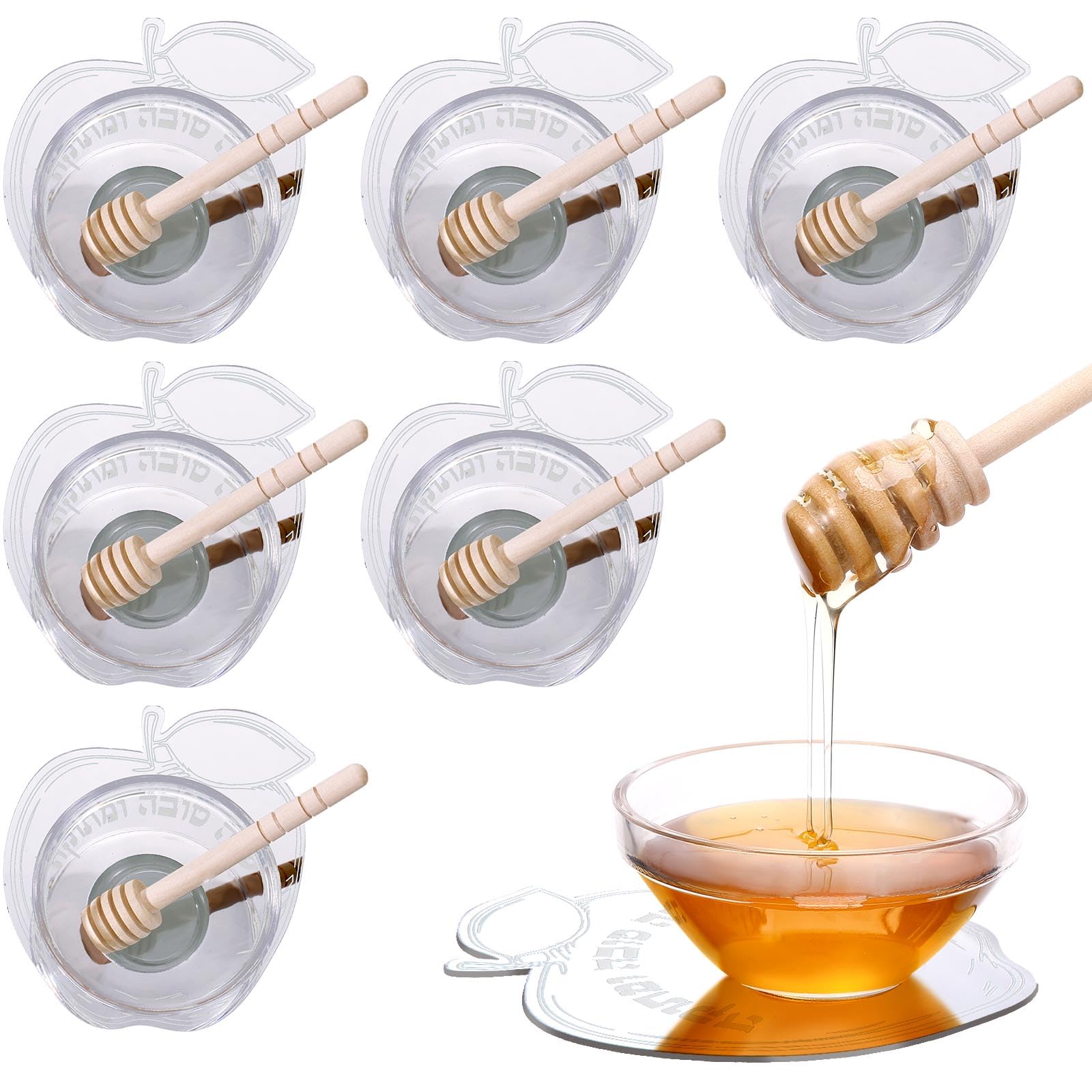 Photo 1 of Newtay 6 Sets Rosh Hashanah Apple Shaped Honey Dish with Dipping Spoon Jewish New Year Decoration Acrylic Apple Honey Dish with Stick for Jewish New Year Holiday Gift Table Decorations, Silver