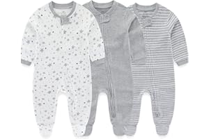 MAMIMAKA Baby Boy Girls Clothes 2-Way Zip Footed Bodysuit Long Sleeve 3-Pack Outfits 100% Cotton