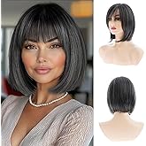 Sallcks Grey Bob Wig Short Bob Natural Straight Hair Wig with Bangs Mix Gray Heat Synthetic Wig Salt N Pepper Wigs for Women