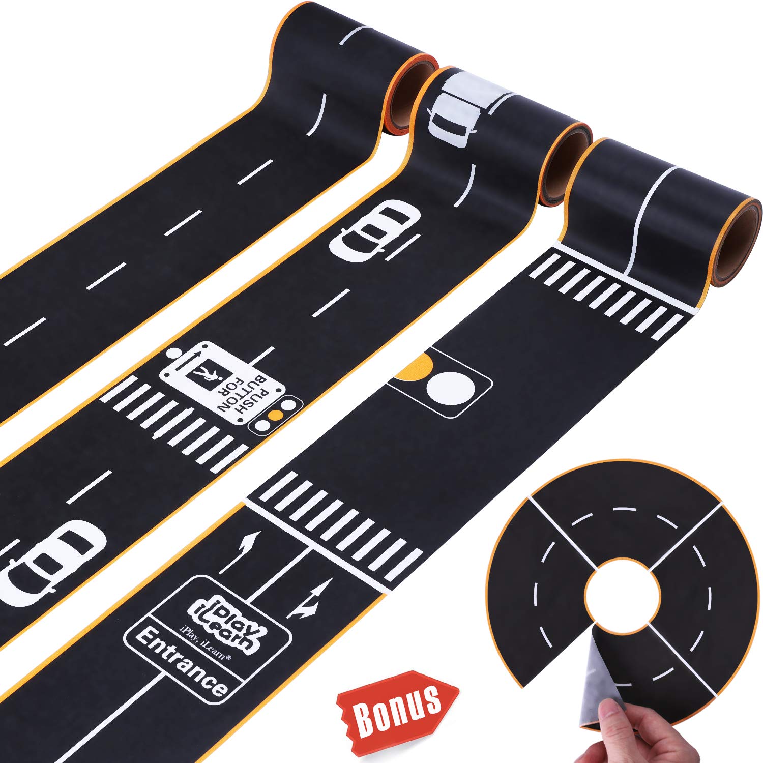 iPlay, iLearn 4 Rolls Road Tape w/ Design, 3 x 16inches, No Mess, Wall