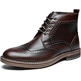 Mens Fashion Dress Boots - Black Genuine Leather Classic Brogue Style Oxford Ankle Boots