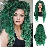 Daiaces Long Curly Wavy Green Wig for Women Natural Ombre Fluffy Synthetic Hair for Costume Cosplay Halloween Party