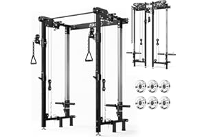 Mikolo Folding Squat Rack, Wall Mounted Power Rack with Cable Crossover Machine & LAT Pull Down, Functional Trainer with 5 Adjustable Function Modes, for Home Gym and Space Saving