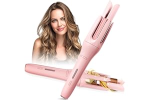 WELVGNNCE Automatic Rotating Curling Iron with 3 Temperature Fast Heating, Auto Hair Curler with Timer Settings, Anti-Tangle, Automatic Shut-Off and Scalding for Hair Styling, Pink