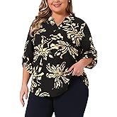 Agnes Orinda Plus Size Floral Tops for Women 3/4 Rolled Sleeves V Neck Button Tee Shirts Loose Fit Tunic Blouse