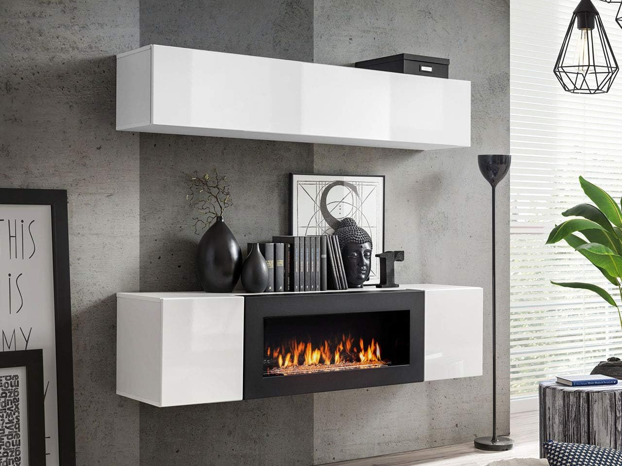 Moderne Wohnwand Mit Kamin Bioethanol Flyer N1 Elegante Anbauwand Mit Kamineinsatz Schrankwand Wohnzimmer Set Tv Lowboard Vitrine Weiss Weiss Hochglanz Amazon De Kuche Haushalt