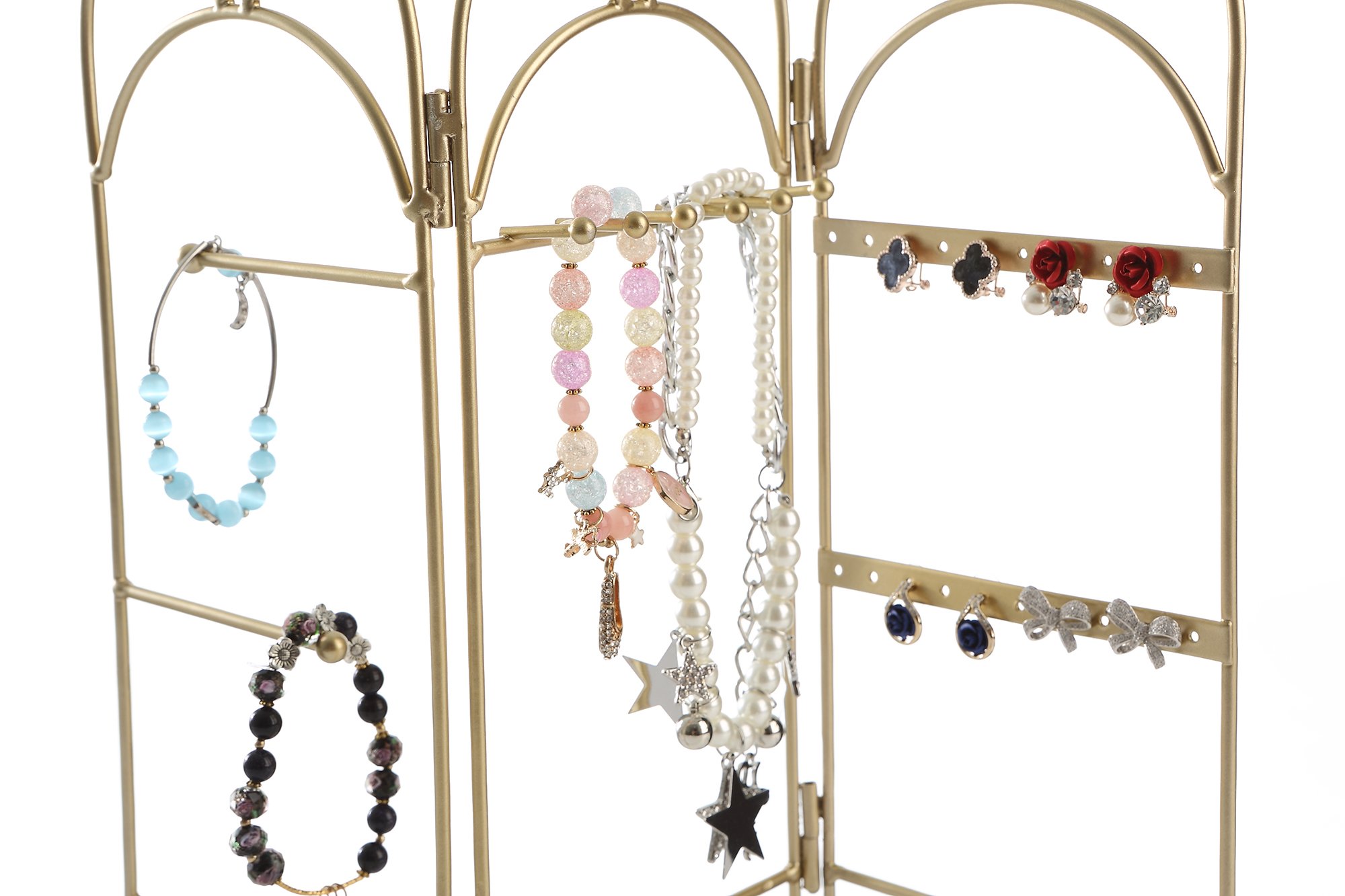 Modern Gold Metal 3 Panel Trellis Folding Jewelry Hanger Organizer for Bracelet, Earrings, Necklace