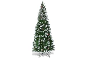 Goplus 5ft Artificial Pencil Christmas Tree, Snow Flocked Unlit Slim Xmas Tree with 21 Pine Cones, 421 PVC Branch Tips, Metal Stand, for Indoor Holiday Home Office Décor