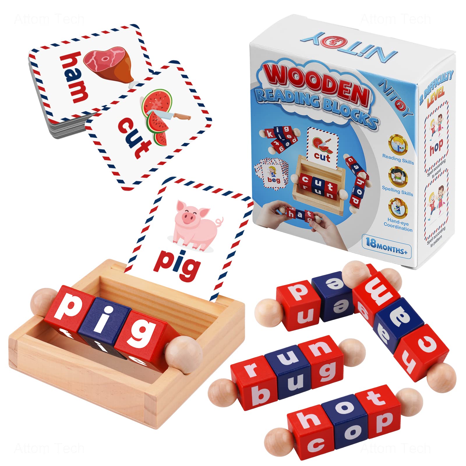NiToy Wooden Reading Blocks with 35 Sight Words Flash Cards Kindergarten Learning Activities Montessori Toys Toddler Toys for Girls Boys Age 2-4
