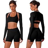 ABOCIW 3 Piece Workout Sets for Women Seamless Halter Sports Bra High Waist Biker Shorts Long Sleeve Bolero with Thumb Hole