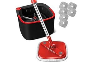 KZKR Spin Square Mop and Bucket Set M16 with Microfibra Replaceable Pads and Separate Dirty Water System, Self Wringing 360° Rotating Mops for Home Floor Cleaning (Mop and Bucket Set (6 Pads))