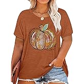 Plus Size Halloween Pumpkin Shirt Women Plaid Leopard Fall Graphic Tees Short Sleeve Thanksgiving Gift Tops T-Shirt