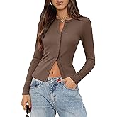 Gleenat Womens Ribbed Long Sleeve Going Out Tops Button Down Up Cardigan Sweaters Lightweight Regular Length Cute Cardigan
