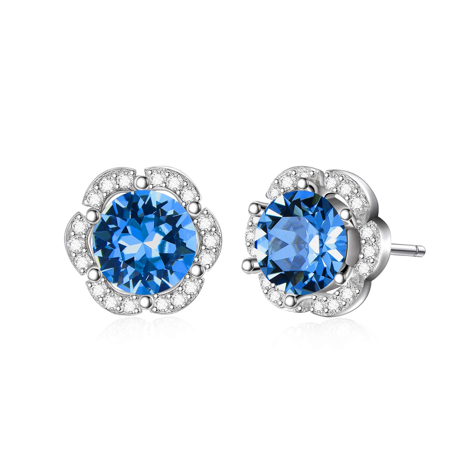 AOBOCO Sterling Silver Rose Flower Stud Earrings for Women with Birthstone Crystals (Simulated Sapphire)