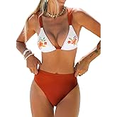 CUPSHE Women's Two Piece Bikini Sets High Waisted V Neck Bathing Suits Stitching Back Self Tie Wide Adjustable Straps