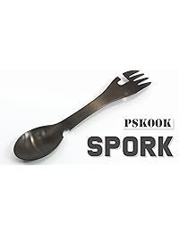 PSKOOK utensilio de acero inoxidable para camping con cuchillo, cuchara, tenedor, abrelatas 5 en 1, multicubertería funcional