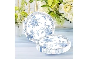 50Pcs Blue and White Flower Plates 7" - Vintage Toile Paper Plates for Floral Theme Bridal Shower, Wedding, Tea Party, Birthd