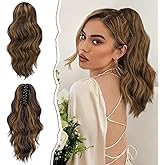 SOFEIYAN 14" Ponytail Extension, Short Wavy Claw Clip in Ponytail Hair Extension Synthetic Hairpieces Dark Brown/Golden Auburn Layered Natural Fluffy Curly Drawstring Ponytail Hair Piece for Women
