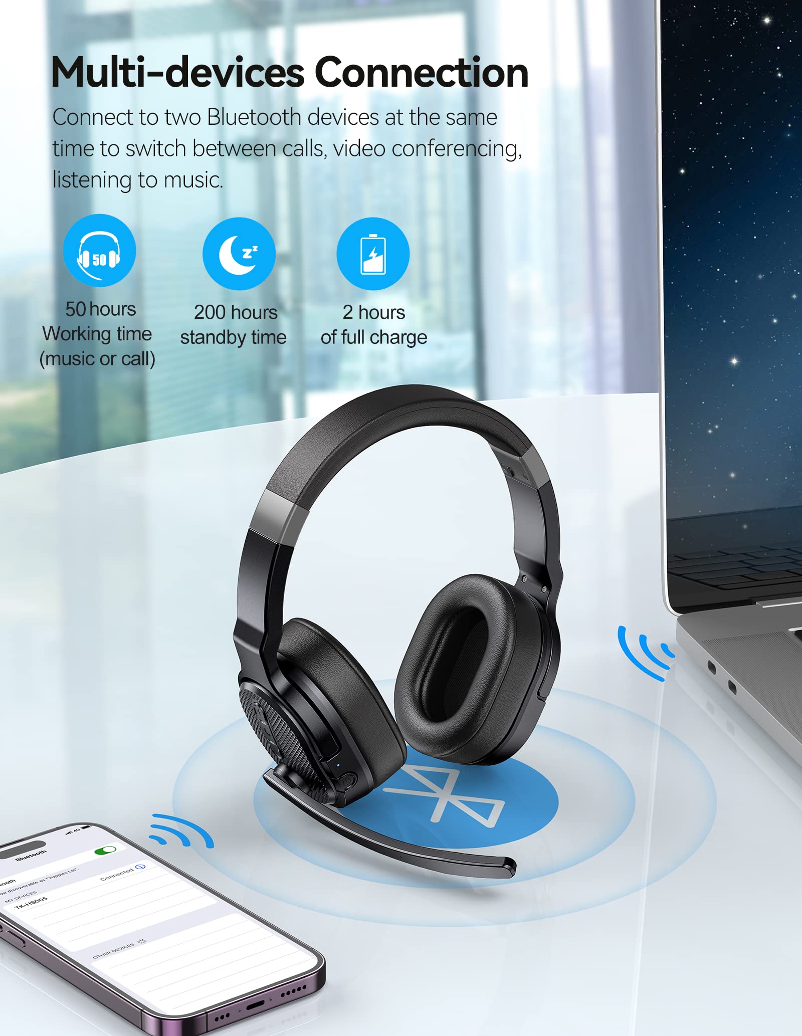 TECKNET Bluetooth Trucker Headset, Single and Dual Ear Wireless Headset with Mic for Work Noise Cancelling, 50Hrs 3 EQ Music Modes Trucker Bluetooth Headphones for PC, Drivers, Office, Call Center