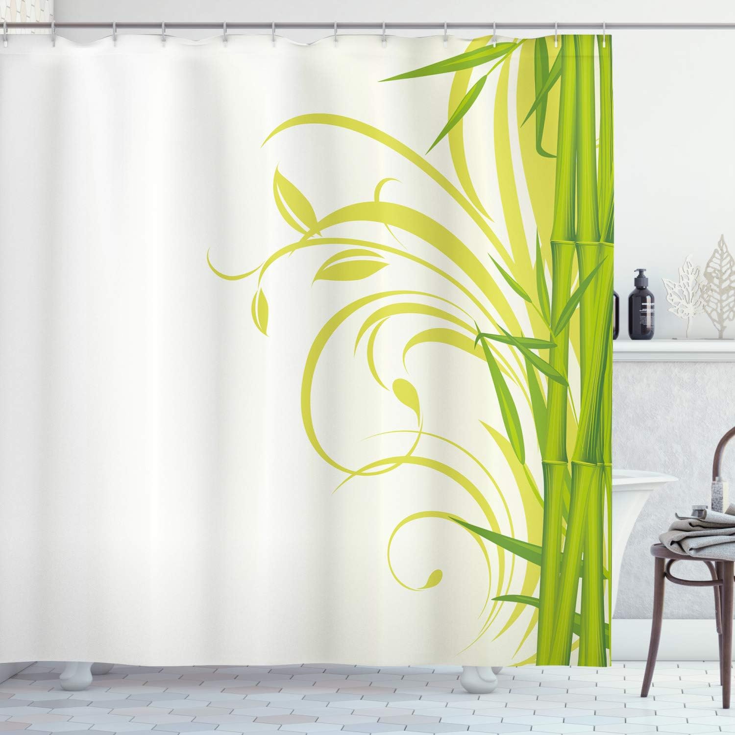 Abakuhaus Green Shower Curtain Bamboo With Floral Curly Leaves Feng Shui Garden Cloth Fabric Bathroom Decor Set With Hooks 78 Inches Lime Green Pale Green Amazon Co Uk Kitchen Home