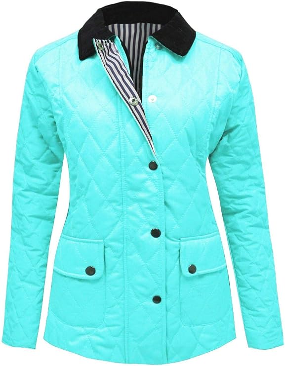 Ladies New Turquoise Quilted Jacket Coat Zip Poppers Corduroy Collar