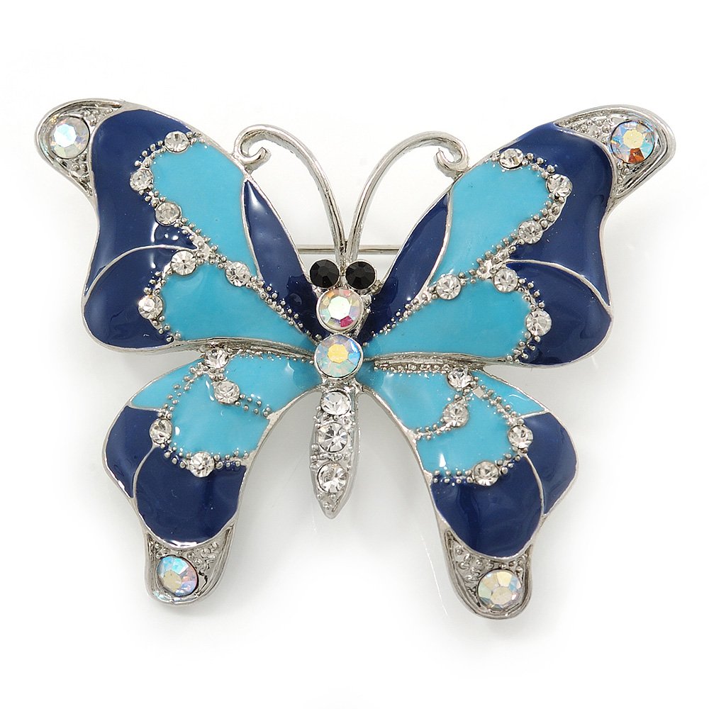 Navy & Sky Blue Enamel Crystal Butterfly Brooch In Rhodium Plating - 50mm W
