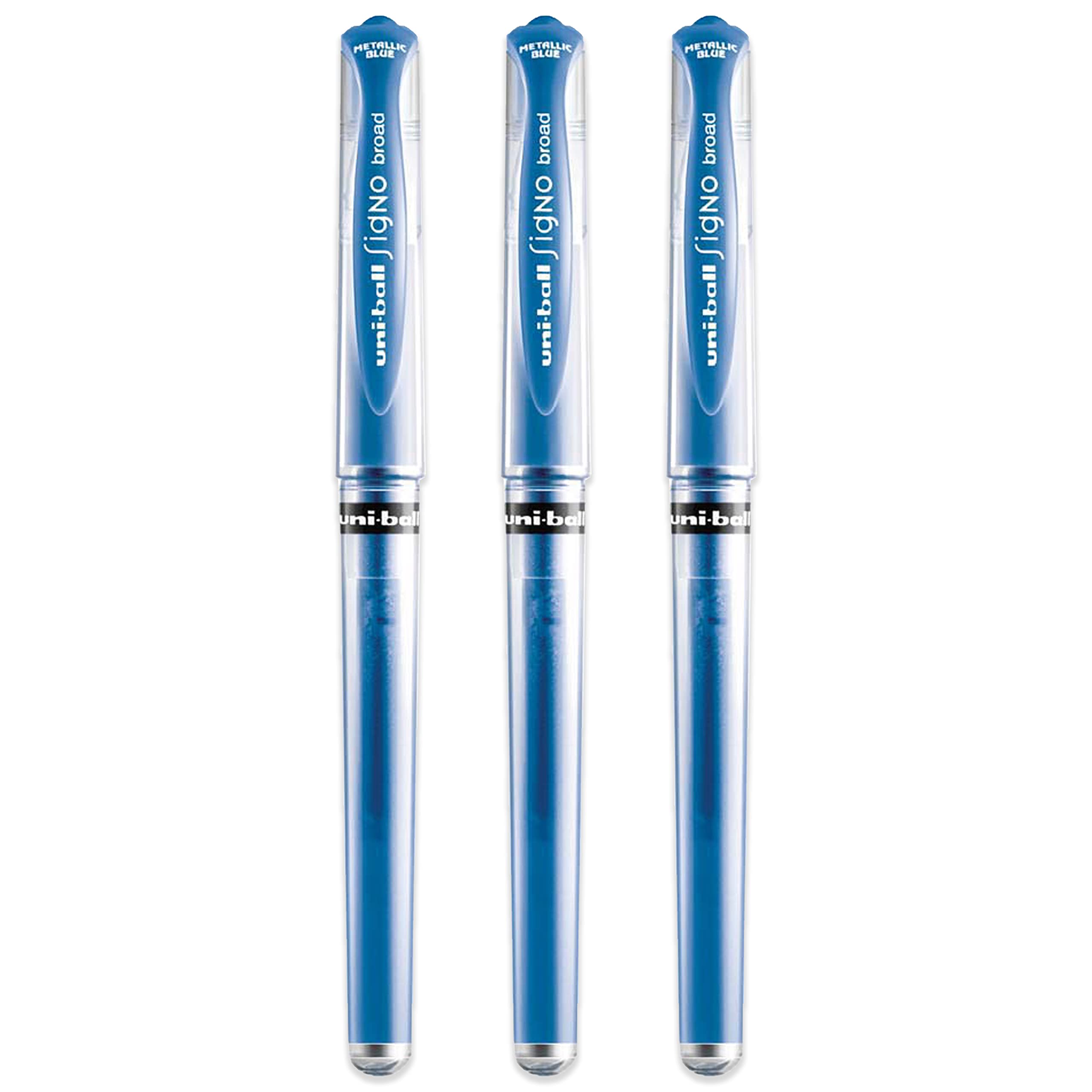 uni-ball Signo Pen Broad Metallic Gel Ink Rollerball - Metal 1mm Tip Nib 0.65mm Line Width With Rubber Grip - UM-153 - (Pack Of 3) - Blue