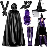 QYANGG 6 Pcs Halloween Witch Costumes, Adult Purple Dress Up Accessories with Cloak, Hat, and Wig for Halloween Cosplay Parties