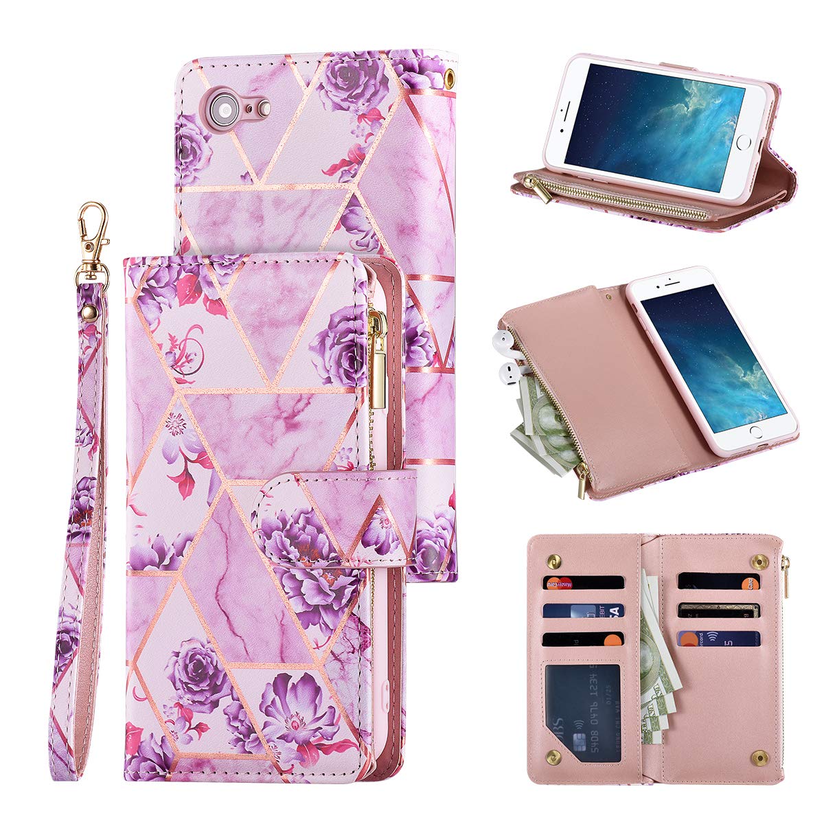 UEEBAI Wallet Case for iPhone 7/8/SE 2022 5G/SE 2020, Premium PU Leather Magnetic Handbag Zipper Case Kickstand Card Slots Wrist Strap Flip Cover for iPhone SE3/SE2 - Purple