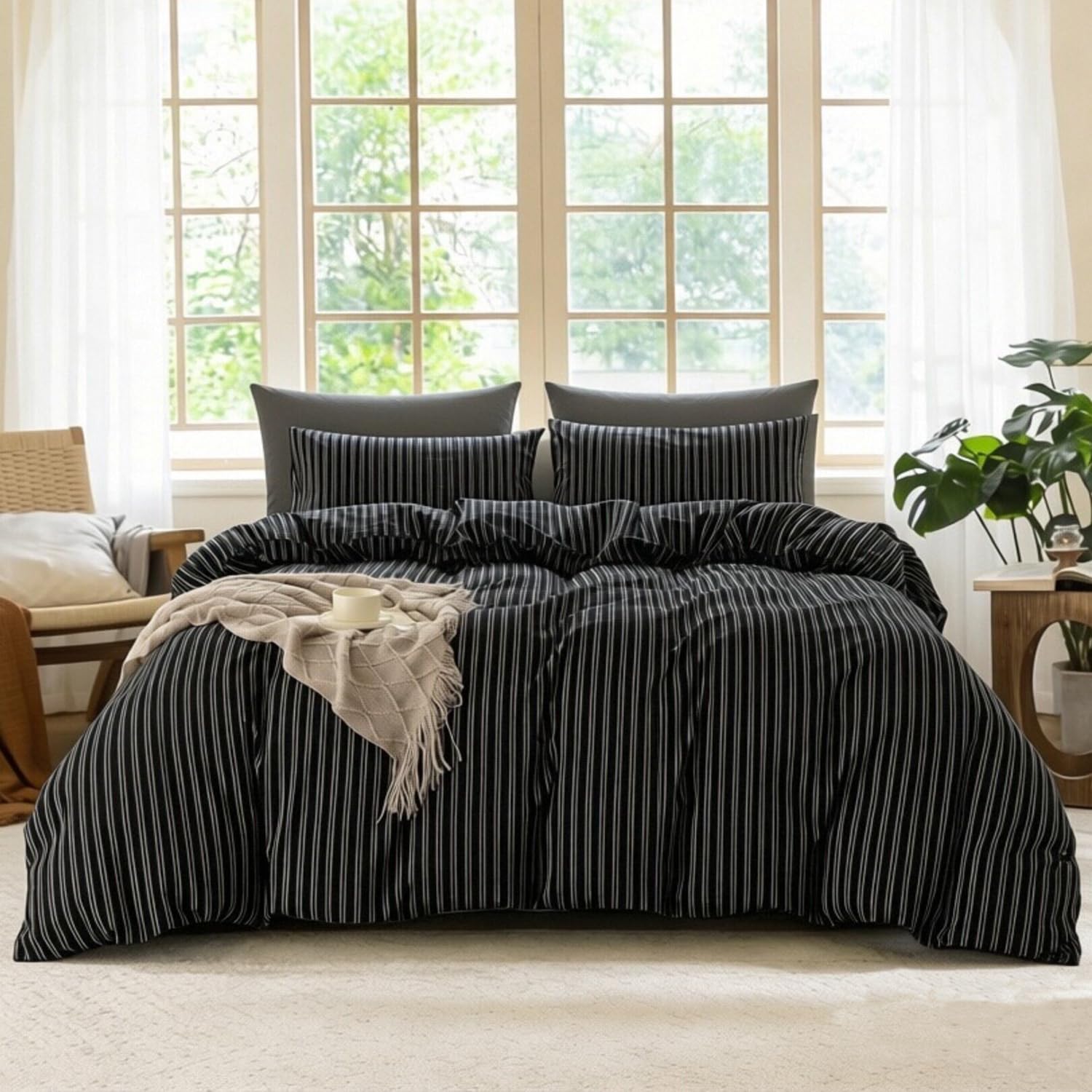 Photo 1 of XINMIANFANG Striped Duvet Cover Set King Size 100% Washed Cotton Linen Feel Natural Wrinkle Comfy Lightweight Bedding Set (King, Double Stripe-Black/White)