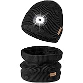Etsfmoa Hat with Light and Scarf Set,Warm Fleece Lined Lighted Beanie for Men,Type-c Rechargeable LED Cap