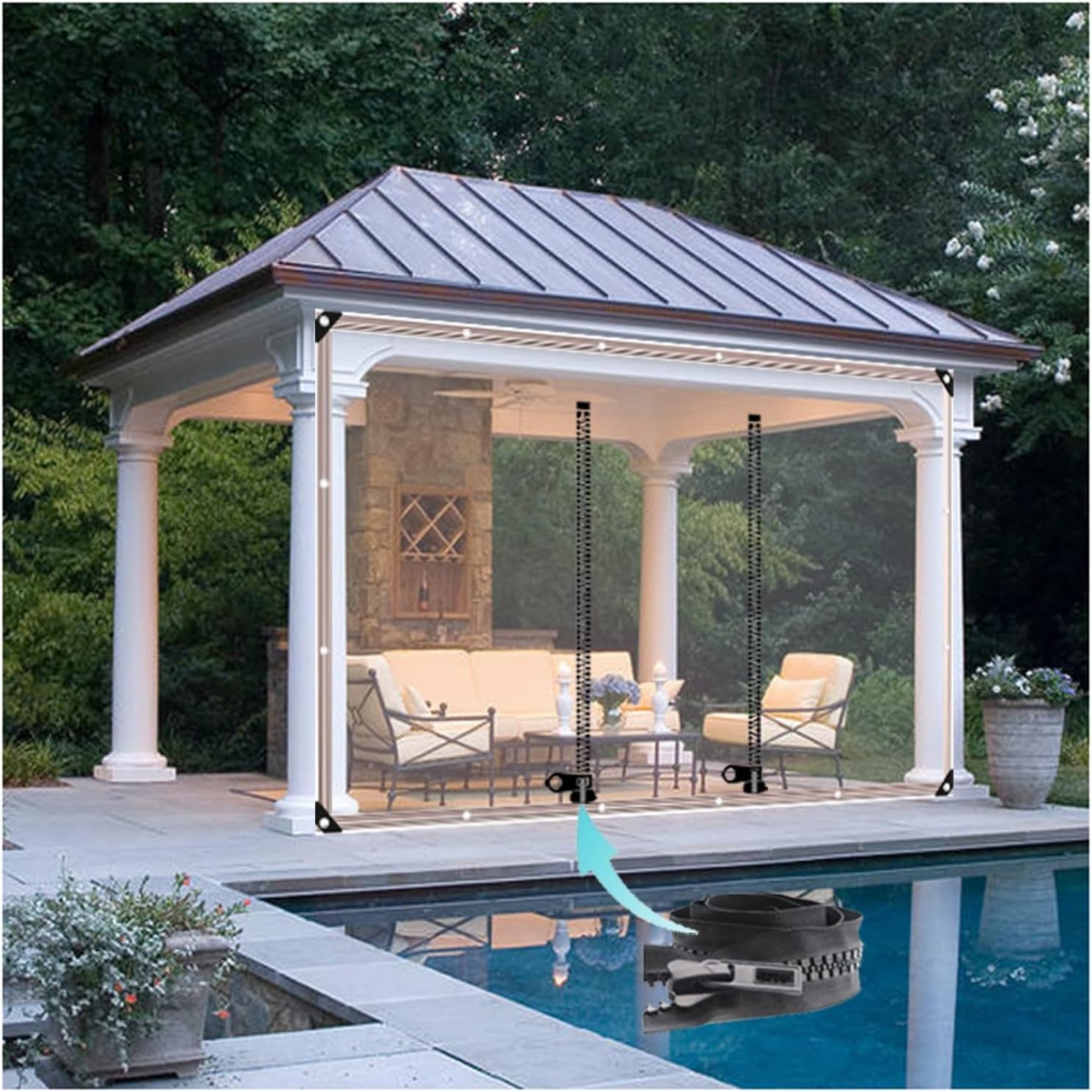 Outdoor Curtains - PVC Clear Waterproof Tarpaulin Side Panels with Zipper，PVC Tarpaulin with Zipper,0.5mm Outdoor Vinyl Curtain,Pergola Patio Porch Carport Partition Curtain,with Eyelets (Size : H2.6xW3m/H8.5xW9.8ft)