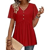 OFEEFAN Womens Summer Tops Babydoll Short Sleeve Shirts Button Down Lace Sleeve Peplum Tunic Tops V Neck T Shirts